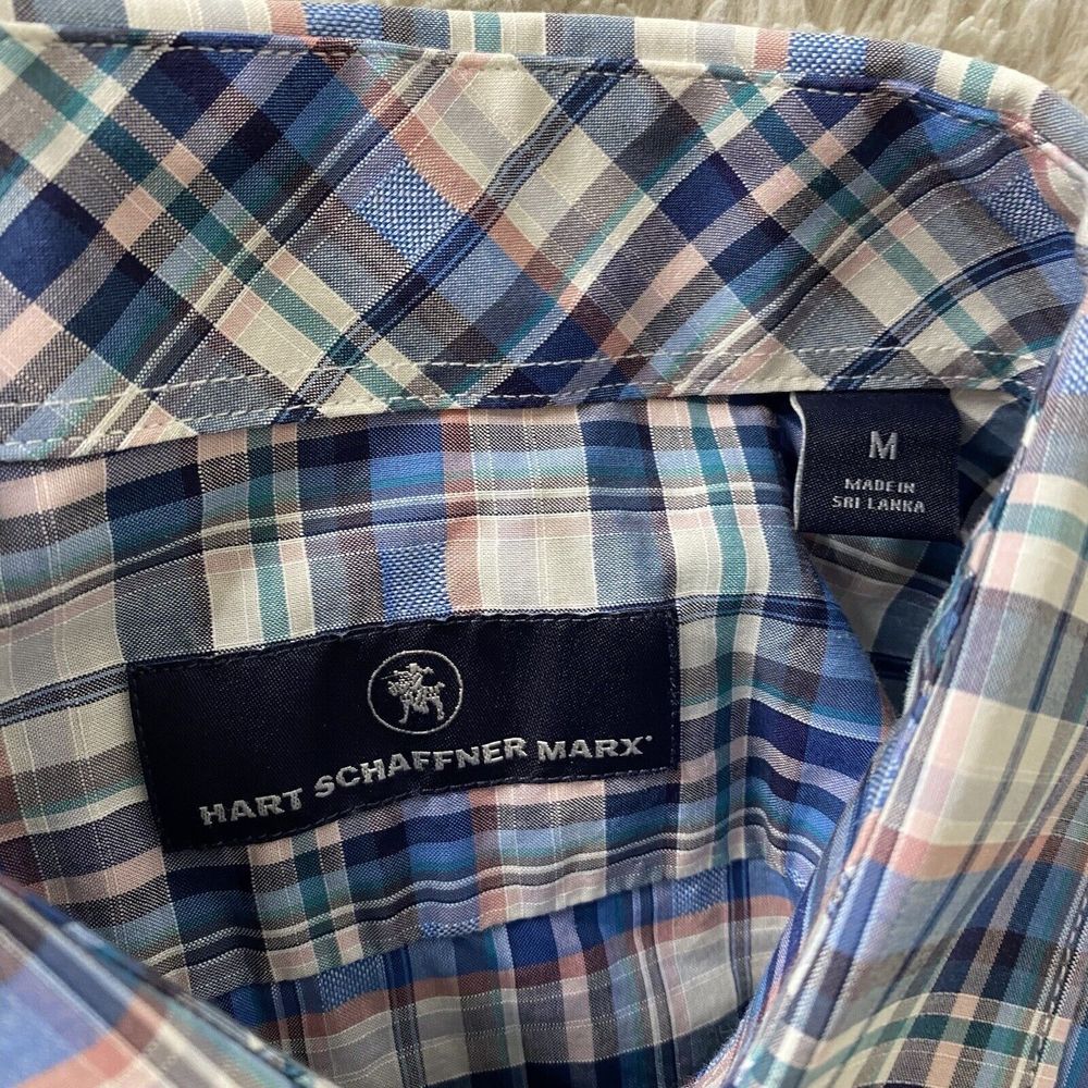 Hart Schaffer Marc Blue Plaid Long Sleeve Button‎ Up Cotton Shirt Mens Medium - Picture 7 of 8